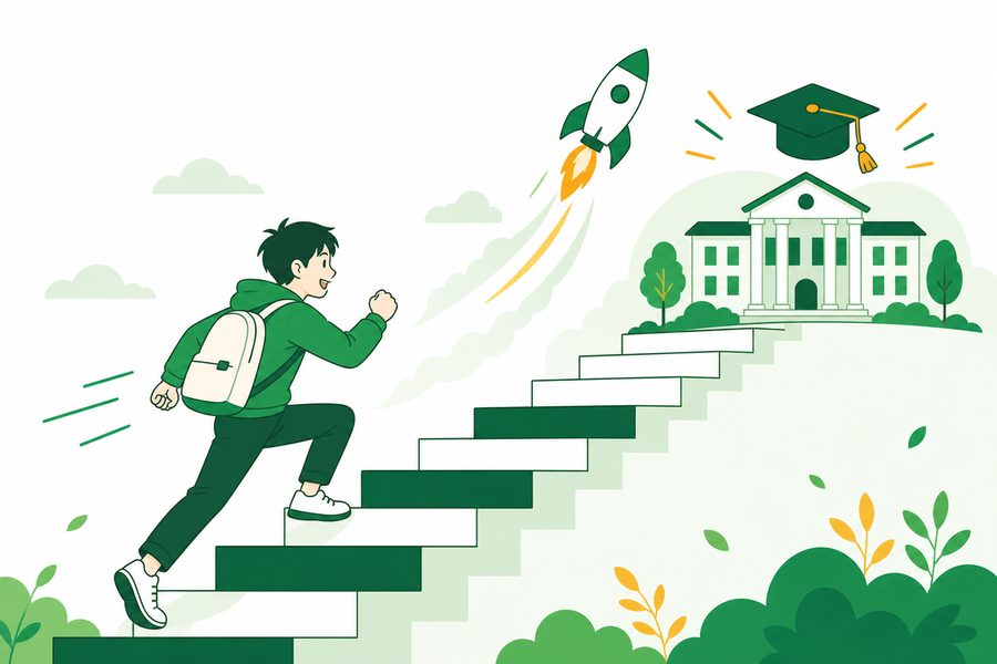 目標に向かって階段を駆け上がる学生のイラスト
